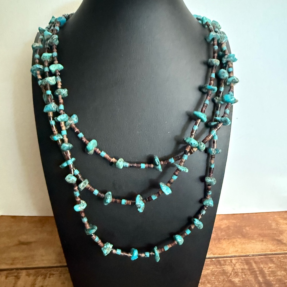 Vintage 3 Strand Turquoise Sterling Necklace - Picture 2 of 15